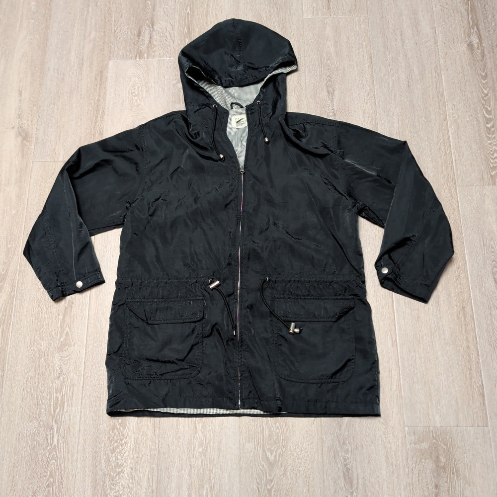 Gap Vintage Hooded Windbreaker Rain Jacket Mens Small Black White Check Lined‎